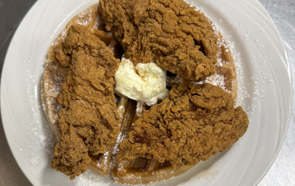 Chicken and waffle breakfast